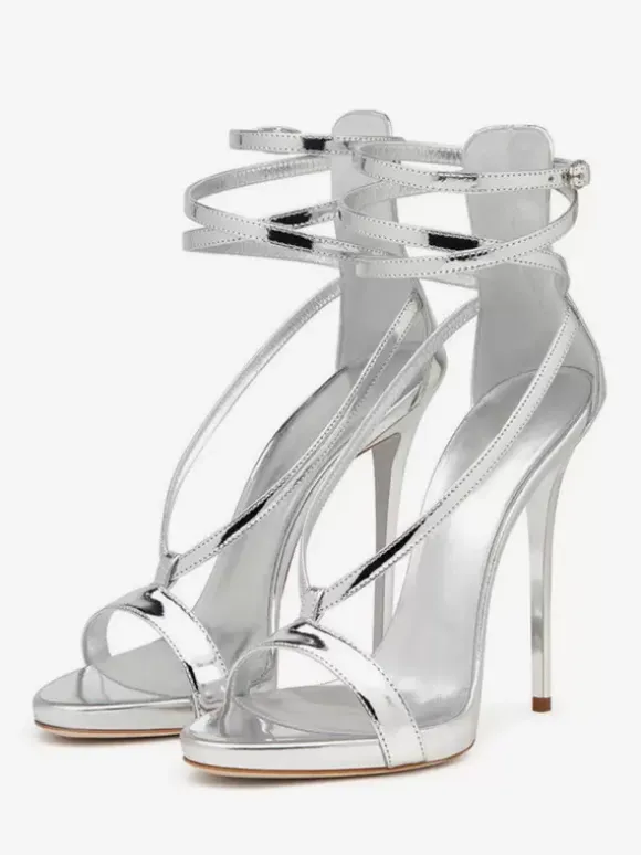 Silver High Heel Sandals Metallic Criss Cross Ankle Strap Prom Party Shoes