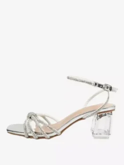 Silver Prom Shoes Transparent Block Heel Glitter High Heel Sandals