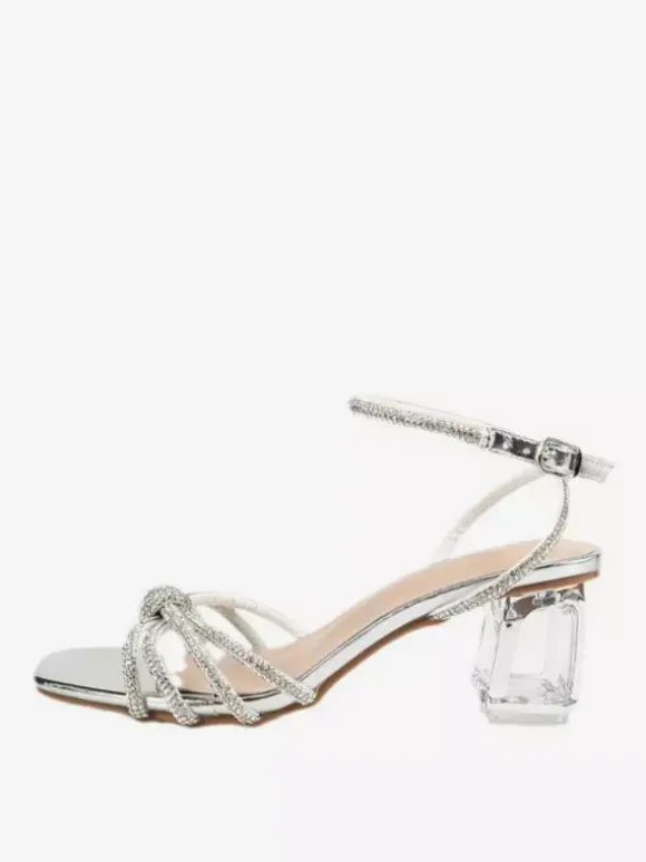 Silver Prom Shoes Transparent Block Heel Glitter High Heel Sandals