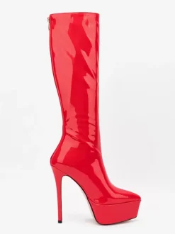 Silver Sexy Boots Platform Pointed Toe Stiletto Heel Mid Calf Boots For Women