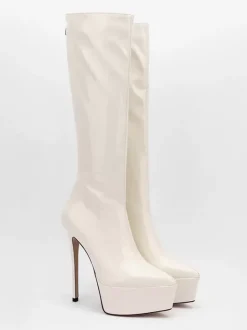 Silver Sexy Boots Platform Pointed Toe Stiletto Heel Mid Calf Boots For Women