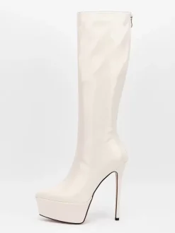 Silver Sexy Boots Platform Pointed Toe Stiletto Heel Mid Calf Boots For Women
