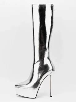 Silver Sexy Boots Platform Pointed Toe Stiletto Heel Mid Calf Boots For Women