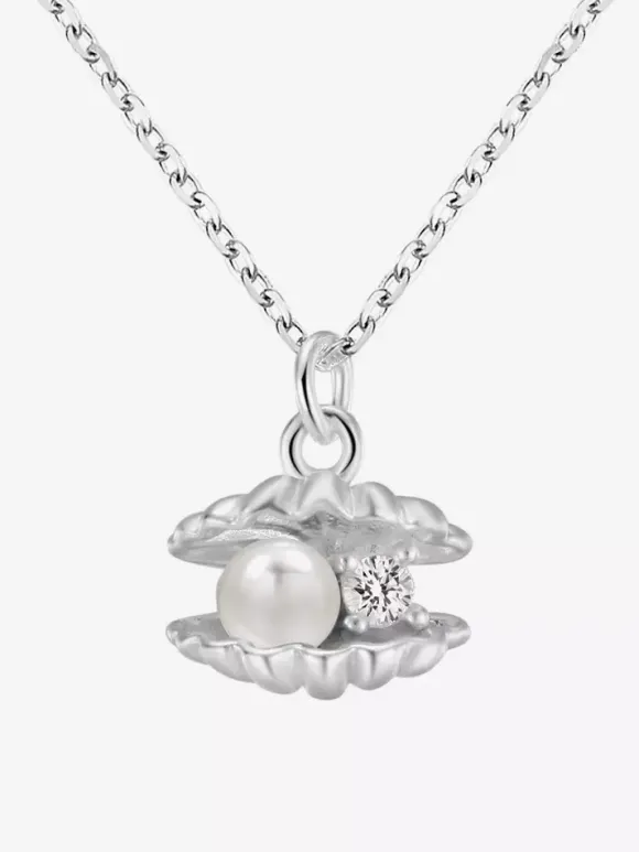 Silver Shell Pendant Necklace Inlaid Pearl Tiny Zircon Dainty Daily Neck Jewelry