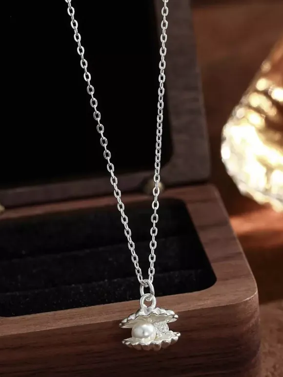 Silver Shell Pendant Necklace Inlaid Pearl Tiny Zircon Dainty Daily Neck Jewelry