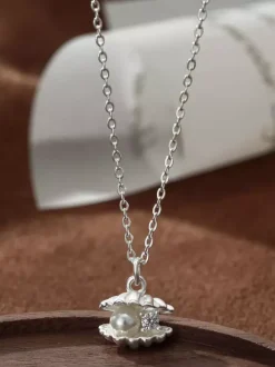 Silver Shell Pendant Necklace Inlaid Pearl Tiny Zircon Dainty Daily Neck Jewelry