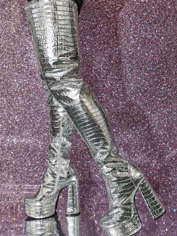 Silver Thigh High Boots Metallic Stone Pattern Chunky Heel Platform Thigh High Boots