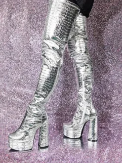 Silver Thigh High Boots Metallic Stone Pattern Chunky Heel Platform Thigh High Boots
