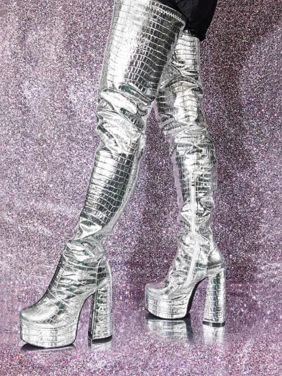 Silver Thigh High Boots Metallic Stone Pattern Chunky Heel Platform Thigh High Boots