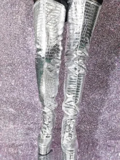 Silver Thigh High Boots Metallic Stone Pattern Chunky Heel Platform Thigh High Boots