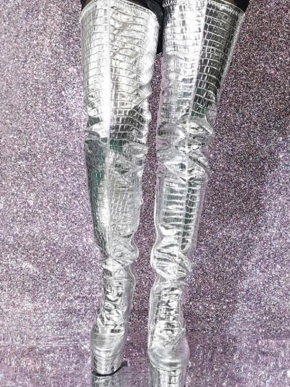 Silver Thigh High Boots Metallic Stone Pattern Chunky Heel Platform Thigh High Boots