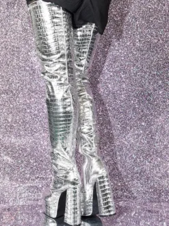 Silver Thigh High Boots Metallic Stone Pattern Chunky Heel Platform Thigh High Boots