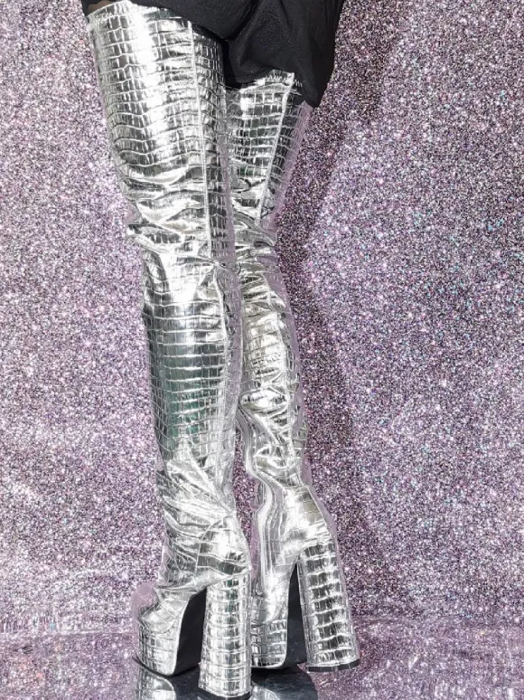 Silver Thigh High Boots Metallic Stone Pattern Chunky Heel Platform Thigh High Boots