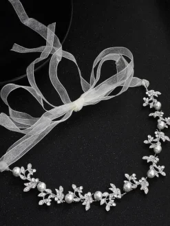Silver Wedding Headband Headpieces Rhinestones Beaded Ribbon Beach Bridal Hair Accessories