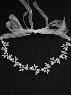 Silver Wedding Headband Headpieces Rhinestones Beaded Ribbon Beach Bridal Hair Accessories