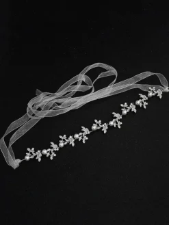 Silver Wedding Headband Headpieces Rhinestones Beaded Ribbon Beach Bridal Hair Accessories