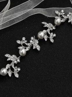 Silver Wedding Headband Headpieces Rhinestones Beaded Ribbon Beach Bridal Hair Accessories