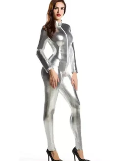 Silver Adults Bodysuit Sexy Shiny Metallic Catsuit for Women