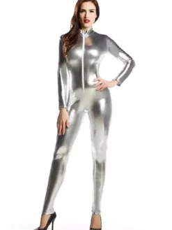 Silver Adults Bodysuit Sexy Shiny Metallic Catsuit for Women
