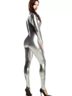 Silver Adults Bodysuit Sexy Shiny Metallic Catsuit for Women