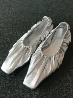 Silver Ballerina Flats Pleated Square Toe Ballet Flats