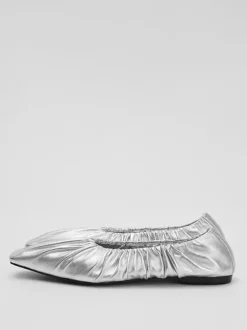 Silver Ballerina Flats Pleated Square Toe Ballet Flats