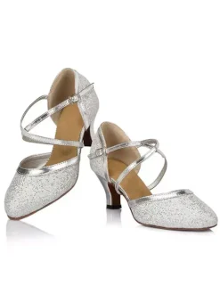 Silver Dance Shoes Glitter Pointed Toe Criss Cross Latin Dance Shoes Women Salsa Dance Shoes