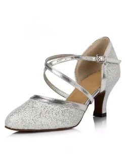 Silver Dance Shoes Glitter Pointed Toe Criss Cross Latin Dance Shoes Women Salsa Dance Shoes