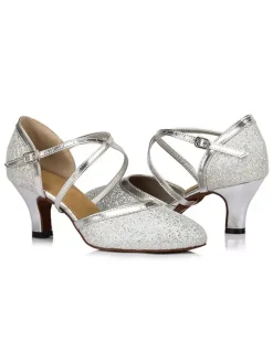 Silver Dance Shoes Glitter Pointed Toe Criss Cross Latin Dance Shoes Women Salsa Dance Shoes