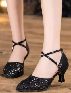 Silver Dance Shoes 2026 Glitter Round Toe Criss Cross Latin Dancing Shoes Ballroom Shoes