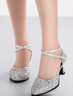 Silver Dance Shoes 2026 Glitter Round Toe Criss Cross Latin Dancing Shoes Ballroom Shoes