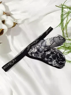 Silver Floral Lace Men Thong Transparent Mesh Pouch Sexy Elastic Underwear