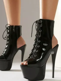 Silver High Heel Booties Platform Peep Toe Slingback Lace Up Ankle Boots