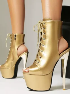 Silver High Heel Booties Platform Peep Toe Slingback Lace Up Ankle Boots