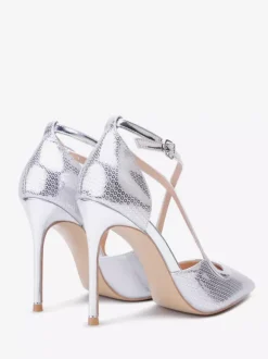Silver High Heel Pumps Pointed Toe Criss Cross Stiletto Heel Pumps
