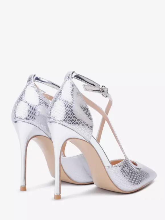 Silver High Heel Pumps Pointed Toe Criss Cross Stiletto Heel Pumps