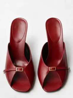 Silver High Heel Sandal Slides Cowhide Peep Toe Buckle Detail Backless Sandals