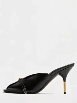 Silver High Heel Sandal Slides Cowhide Peep Toe Buckle Detail Backless Sandals