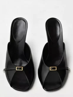 Silver High Heel Sandal Slides Cowhide Peep Toe Buckle Detail Backless Sandals