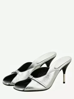 Silver High Heel Sandal Slides Cowhide Peep Toe Buckle Detail Backless Sandals