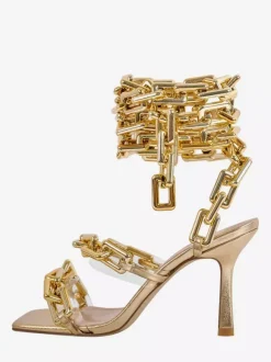 Silver High Heel Sandals Open Toe Chain Detail Strappy Party Shoes