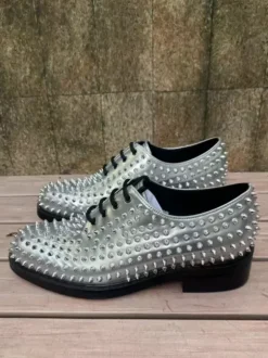 Silver Prom Shoes Rivets Round Toe Lace Up Party Shoes