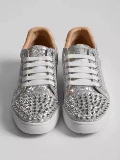 Silver Skate Sneakers Studed Round Toe Lace Up Casual Shoes