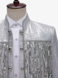 Silver Vintage Top Fringe Buttons Sequins Long Sleeves DJ Stage Performance Nightclub Sequin Tassel