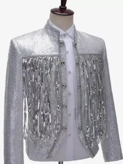 Silver Vintage Top Fringe Buttons Sequins Long Sleeves DJ Stage Performance Nightclub Sequin Tassel