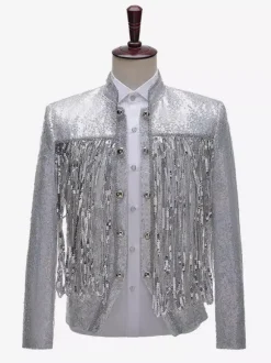 Silver Vintage Top Fringe Buttons Sequins Long Sleeves DJ Stage Performance Nightclub Sequin Tassel