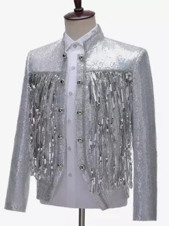 Silver Vintage Top Fringe Buttons Sequins Long Sleeves DJ Stage Performance Nightclub Sequin Tassel