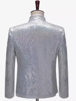 Silver Vintage Top Fringe Buttons Sequins Long Sleeves DJ Stage Performance Nightclub Sequin Tassel