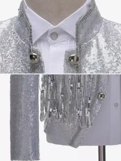 Silver Vintage Top Fringe Buttons Sequins Long Sleeves DJ Stage Performance Nightclub Sequin Tassel