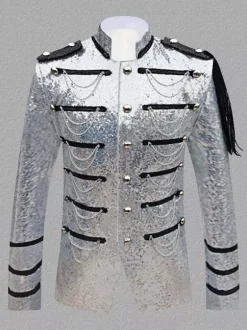 Silver Vintage Top Vintage Sequins Chains Long Sleeves Polyester Polyester Fiber Overcoat Retro Costumes For Man Burgundy